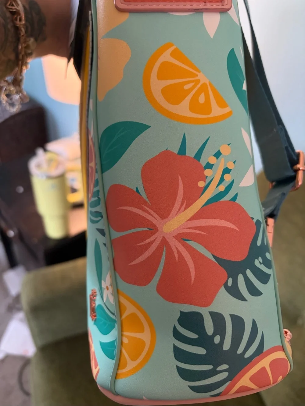 Loungefly Citrus Slice Tote in Yellow and Aqua with Pearl Accents
